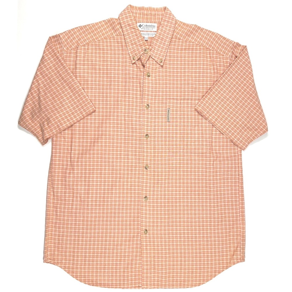 Columbia Mens Plaid Button Up Shirt Medium Orange Cotton Outdoor Hiking EUC